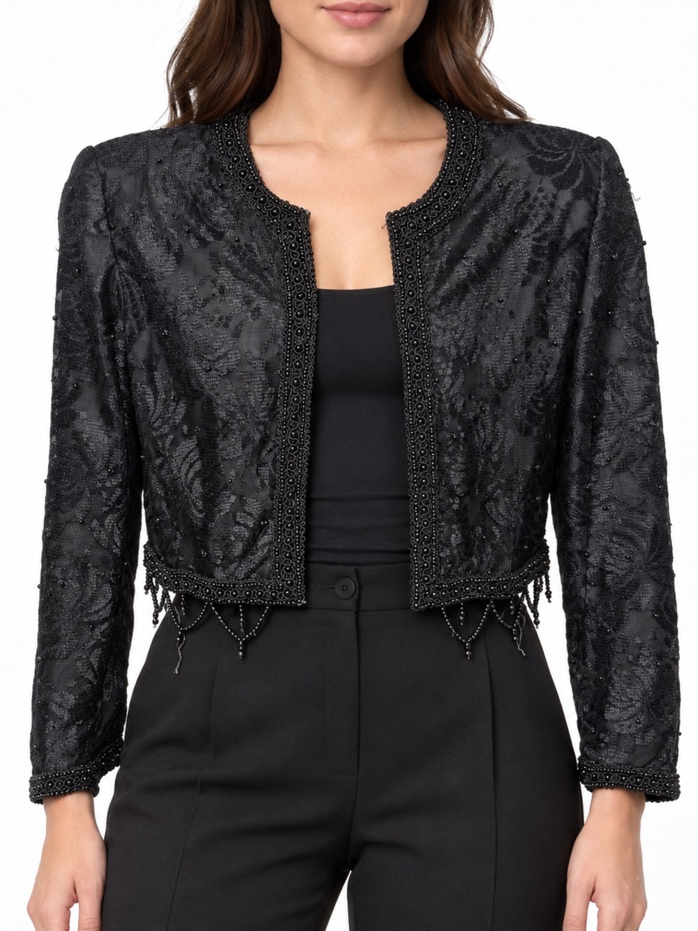 Vintage Brilliante Black Beaded Goth Lace Cropped Jacket XS Dark Romance